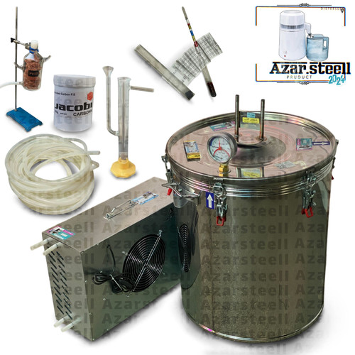 دستگاه عرق گیر گلابگیر تقطیر مخزن استیل ۳۰۴ کندانسور لوله شیشه ای پیرکس